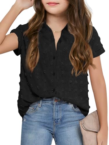 Image of Haloumoning Girls Button Down Shirts Short Sleeve Kids Casual Chiffon Blouse Summer Tops T-Shirt