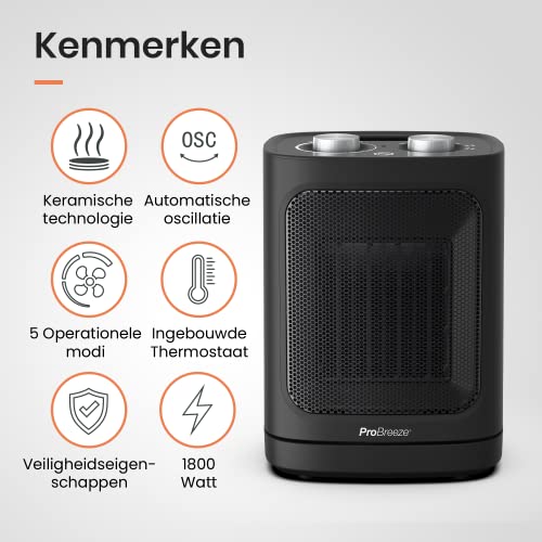 Pro Breeze 1800W Mini Keramische Ventilatorkachel - Ruimteverwarmer met automatische Oscillatie en 2 Warmteinstellingen en alleen ventilatorstand, Mobiele Verwarming - Zwart - Afbeelding 3