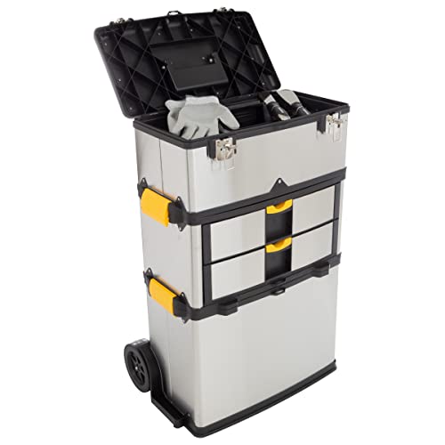Image of 3-Part Portable Tool Box - Stainless-Steel Drawer Organizer with Wheels, Extendable Handle and Tough Latches - Rolling Tool Chest by Stalwart (Silver)