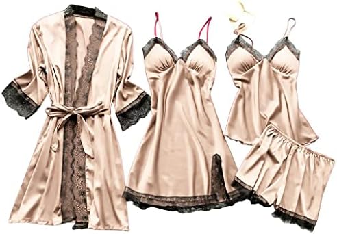 Women’s Solid Silk Sleepwear Casual Satin Robe Camisole Shorts Cozy Silk Nightgown Bride Wedding Night Valentine Day Gift