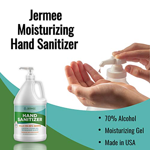 Jermee Moisturizing Hand Sanitizer Gel, 70% Alcohol - Kills 99.99% Germs, Enhanced With Vitamin E And Aloe Vera - Crystal Clear Gel, Refreshing Scent, Made In Usa - 1 Gallon With Easy To Use Pump #TOP1