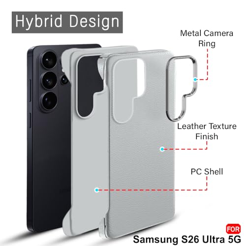 Image of TheGiftKart Hybrid Ultimate Slim Back Case Cover for Samsung Galaxy S26 Ultra 5G | Lightweight Profile | Hard Back Cover Case (PC & TPU, Metal Camera Ring, Leather Texture Finish, Grey)