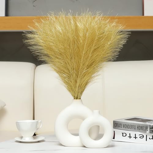 Ureymx Faux Pampas Grass Decor 17.7 Inch 6pcs Artificial Pompas Grass Bulk Artificial Dried Flower Small Vase Filler for Boho Home Wedding Decoration (Gold)
