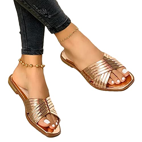 Minetom Sandales Femmes Plates Sandales Été Bout Ouvert Metallic Boucle Plage Vacances Loisir Nu-Pieds Chaussures C Or Rose 42 EU