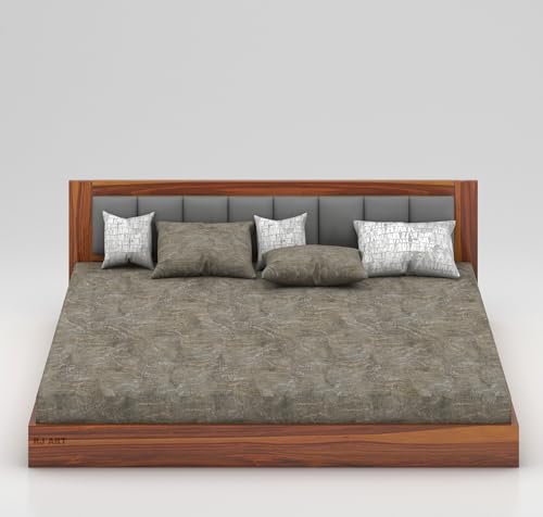 Image of Solid Sheesham Wood Queen Size Bed Without Storage for Bedroom Living Room Home Hotel Wooden Double Bed Cot Palang with Cushion Headboard Home Furniture (Honey Finish)