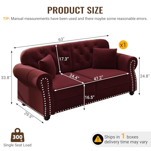 Image of KEIKI 63 inch Velvet Chesterfield Sofa with Rolled Arms & Nailhead Trim, Modern Upholstered 2-Seater Button Tufted Couch with High Resilience Cushion & 2 Pillow, Easy Assembly, for Living Room, Burgundy