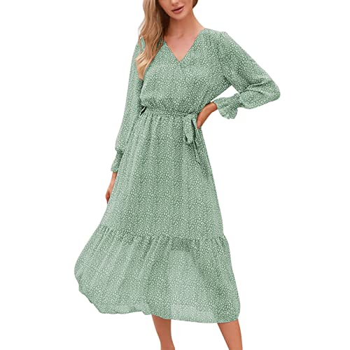 Frauen Blumen Wickelkleid Langarm V-Ausschnitt Maxirock mit Falten Gürtel A-Linie Design Elegante Strandmode (Mint Green, XXL)