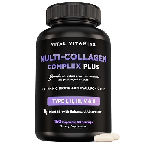 Vital Vitamins Multi Collagen Complex Plus - with Biotin, Hyaluronic Acid, Vitamin C - Type I, II, III, V, X - for Women & Men - Hair, Skin, Nails Beauty Complex - 150 Capsules