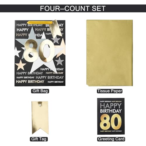 Image of Loveinside 80th Birthday Gift Bag for Men, Black and Gold Number 80 inch Design with Tissue Paper and Greeting Card for Birthday Party Celebration - 10 inch x 5 inch x 13 inch, 1 Pcs, Black Gold