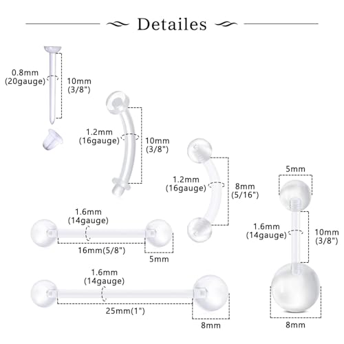 37PCS Clear Piercing Retainers For Work, Plastic Bioflex Nose Rings Studs Belly Rings Septum Eyebrow Lip Cartilage Tragus Earring Retainer Industrial Bar Piercing Jewelry2