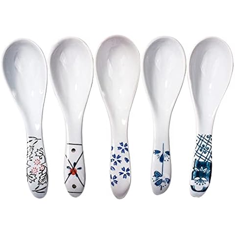 Japanese Style Soup Spoons, Set of 5, Ceramic Soup Spoons Cover