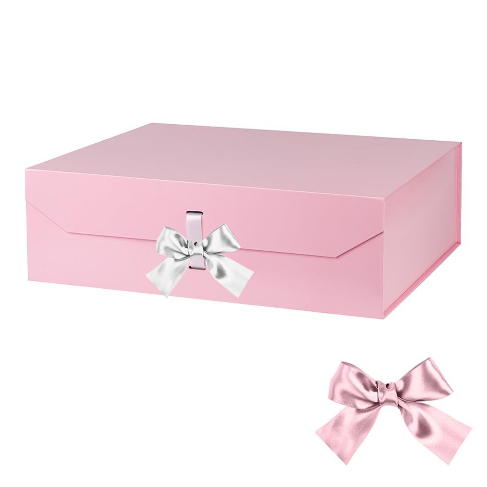Pink Large Gift Box 13x11x5.3 Inches With Ribbon, Lid Magnetic Closure, Christmas, Rectangle Collapsible for Men Shoes — image 1