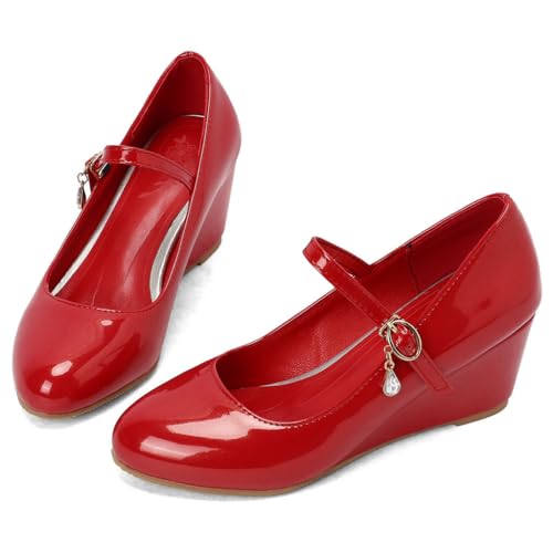 DINTAHA Low Wedge Heels, Mary Jane Wedge Shoes Women Patent Leather Pumps with Ankle Strap3