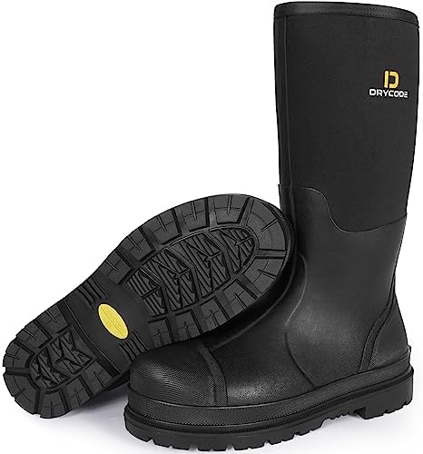 DRYCODE Work Boots for Men with Steel Shank，Waterproof Rubber Boots 7mm Insulated Neoprene Mud Rain Boots，Anti-slip Durable Outdoor Boots（Black,Brown & Blue，Size 5-14）