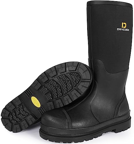 Drycode Work Boots For Men With Steel Shank，Waterproof Rubber Boots 7Mm Insulated Neoprene Mud Rain Boots，Anti-Slip Durable Outdoor Boots（Black,Brown & Blue，Size 5-14） #TOP9