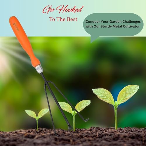 Image of Go Hooked Metal Garden Cultivator Tool, 5x24.13x10.7 CM - Durable Hand Tiller for Soil Aeration, Weeding, and Planting - Ergonomic Handle, Rust-Resistant - Ideal for Home Gardening, Lawn Care.