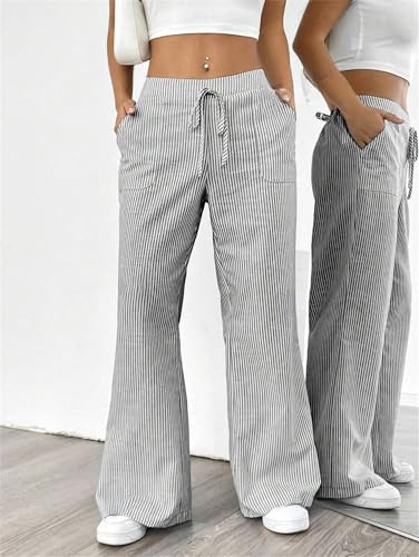 2025 Casual Women's Drawstring Striped Pants with Pockets, Elastic Waist Loose Striped Wide Leg Lounge Trousers4
