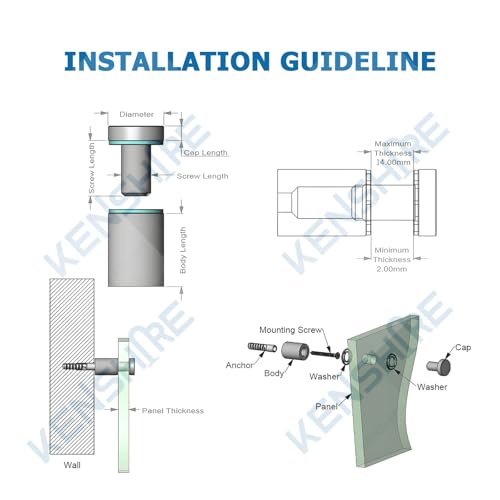 KENSHIRE 12 Stück 25 x 25 mm Aluminium-Schild-Abstandshalter, Wandhalterungen, Werbeschrauben, Befestigungen, Abstandshalter, Befestigung für Acrylschilder, Display (silber-eloxiert)