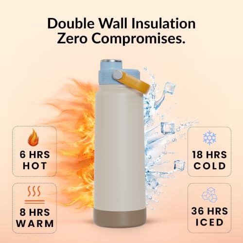 Image of Rabitat Hyde Personalized Vacuum Insulated Stainless Steel Water Bottle 1000 ml | Double Wall Vacuum Insulation | 18 /8 Food Grade Steel | Leak Proof | Wide Mouth | Ring Handle | BPA Free|Modern Beige