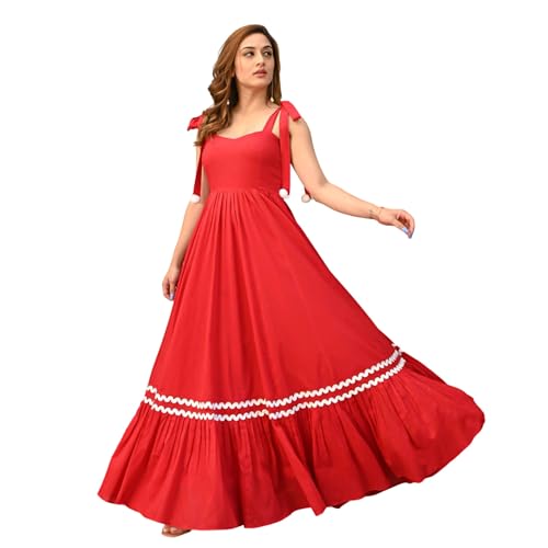 Image of Women's Elegant Long Maxi Gown with Shoulder Ribbon Tie-Up, Stylish & Trendy - Fit and Flare Sleeveless Square Neckline Western Dress, Casual Dress for Women
