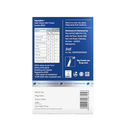 Image of Trunativ Cookable Milk Protein Isolate | 85% Protein Per Serving | Muscle Growth & Immunity Booster | Natural Protein Powder | No Added Sugar | High Absorption | Unflavoured |15 Sticks - 187.5g (Pack of 1)