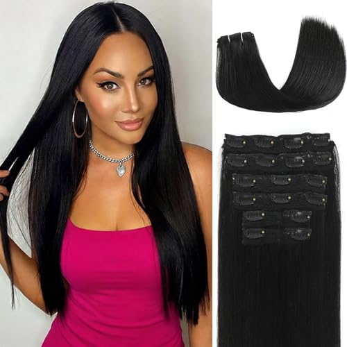 Yaki Straight Clip in Hair Extensions Real Human Hair 20Inch 120g 6Pcs Seamless Human Hair Clip in Extensions for Women Clip ins Hair Extensions Double Weft (Black 20 Inch)