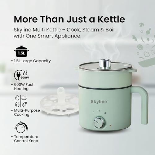 Image of Skyline Multi-Purpose Electric Kettle with Steamer and Egg Boiler, 1.5L, 600W, Temperature Control, VTL-9091 (Green)