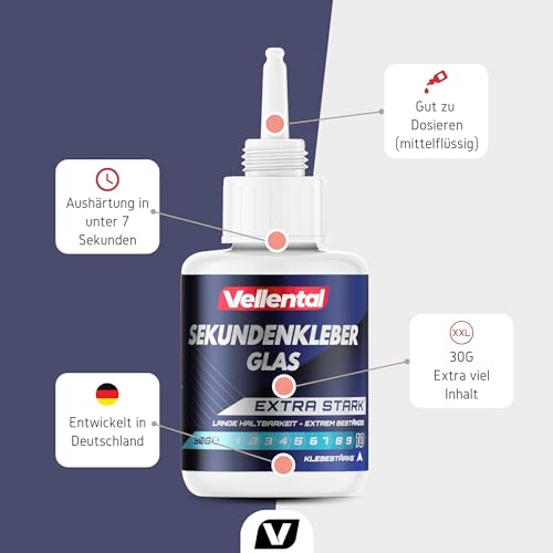 Sekundenkleber Glas extra stark - Glaskleber transparent wasserfest, hitzebeständig & mit Nadel Verschluss gegen Austrocknung - Glas Kleber zum Verkleben von Glas & Acrylglas aller Art