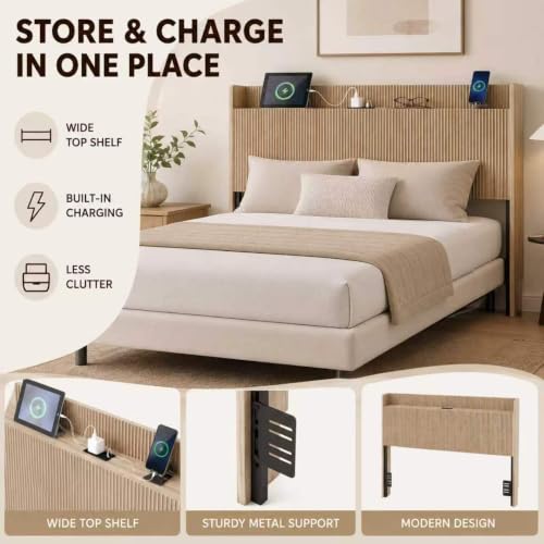 Image of Queen Size Headboard with Storage Shelf, Charging Station