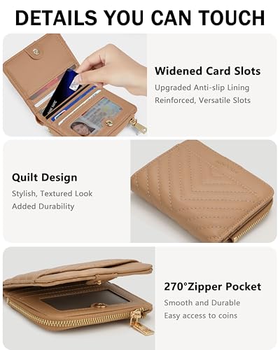 Image of Small Bifold Wallet Women Slim Card Holder with Zipper Coin Pocket & 2 ID Windows,Compact Gift Wallet (Khaki)