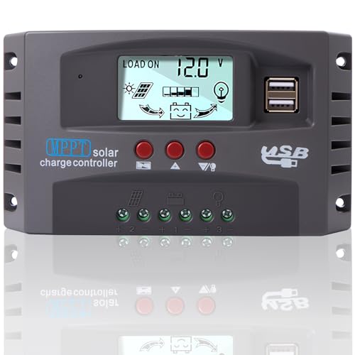 Yoving Regolatore di carica solare da 100 A, impermeabile per impianti solari da 12 V/24 V, ingresso PV, display LCD (pannello solare, batteria, camper, Nero Grigio