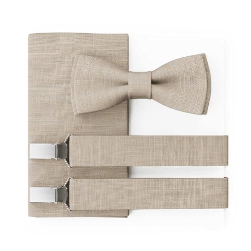 MAY-TIE Herren Leinen Fliege Set | Hochzeitsfliege vegan vorgebunden | Leinenfliege Natur Beige | Optional mit Einstecktuch & Hosenträger | Large Batwing