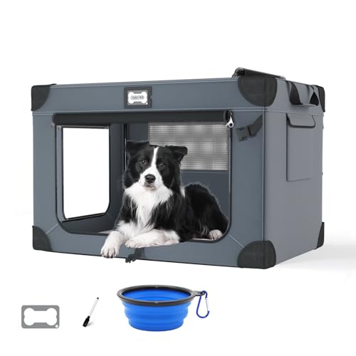 QUIBBLICK 36 Inch Soft Dog Crates, Portable Travel Crate for Large Dogs, 3-Door Foldable Soft Kennel with Mesh Windows for Indoor & Outdoor Travel, with Soft Blanket and a Foldable Bowl