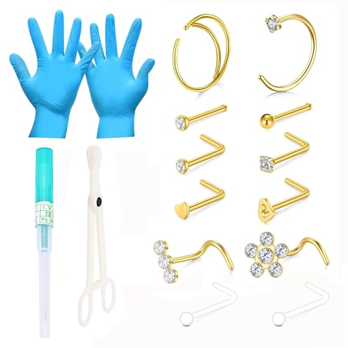 QWALIT Nose Piercing Kit - Gold Nose Ring Piercing Kit with Nose Rings - Self Piercing Kit at Home - Disposable Kit with Nose Needle Hoops & Studs - 18g 8mm 0.042kg