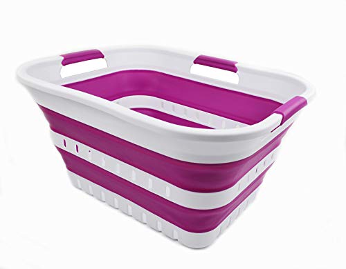 SAMMART 30L Collapsible 3 Handled Plastic Laundry Basket, Foldable Pop Up Storage Container/Organizer, Portable Washing Tub