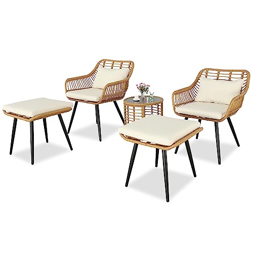 Outdoor Furniture Bistro Set Patio Conversation Bistro Set Outdoor Woven Rope Table Set Tan Wicker Chat Set with Cushions Patio Furniture Sets for Balcony Garde (Beige, Set of 5)