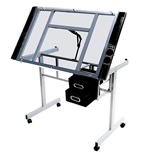 Topeakmart Glass Adjustable Rolling Drafting Drawing Artists Table Folding Art Craft Desk w/2