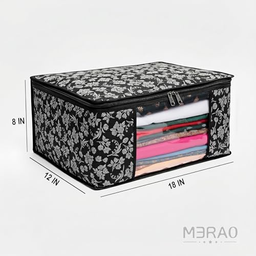 Image of Flower Printed Saree Cover for Storage & Wardrobe with Transparent Window & Zipper Closure | Cloth Organizer | Dustproof, Breathable Wardrobe Organizer for Travel & Home | Black Pack of 5