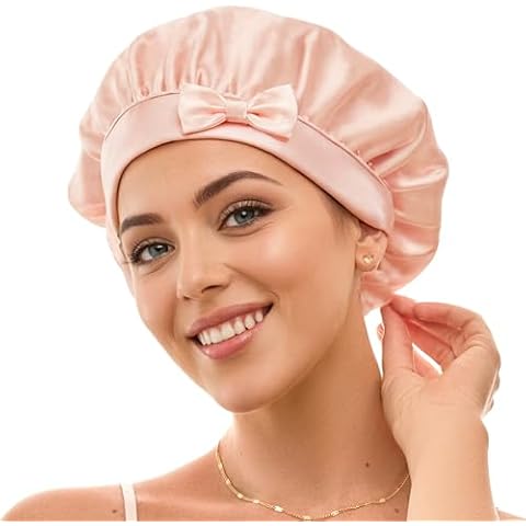 Golden Star Beauty Silk Bonnet Sleeping Cap For Women, Made of Real 100% Mulberry Silk, Soft and Easy to Use, Breathable & Adjustable Sleep Caps, Fine Hair Wrap - Night Head Cap for Curly Hair (Pink) Cover