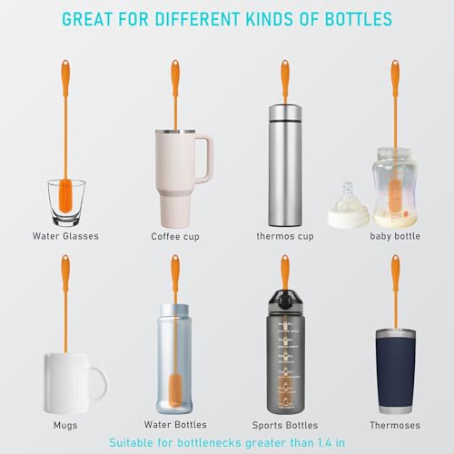 Image of 15.7 inch Silicone Bottle Brush, ddLUCK Water Bottle Cleaner Brush for Stanley, Hydroflasks, Glass, Thermos Sports Bottle, Vase and Glassware, Bottle Brush Cleaner for Narrow Neck Containers (Orange)