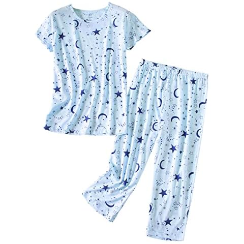 PNAEONG Women’s Pajama Set - Cotton-Blend Short-Sleeve Loose Top with Matching Capri Bottoms SY215-Blue Star-XL Cover
