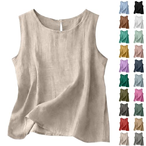 Vetement Femme Ete Haut sans Manches en Coton Et Lin T-Shirt Débardeur Décontracté Chemisier Ample Tshirt Grande Taille Top Chic Élégant Col Rond Caraco...