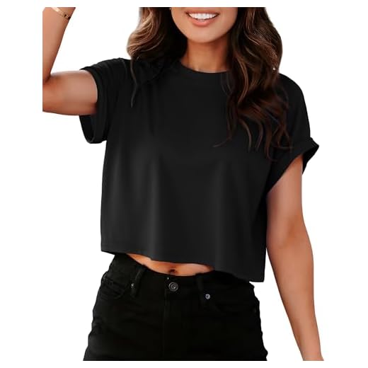 Crop Tops for Women Summer Rolled Basic Tees, Black, M