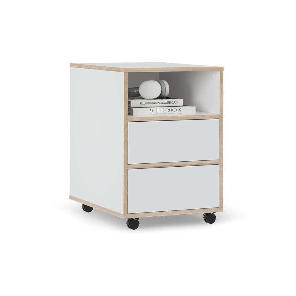 Vicco Caisson Roulant Tetrix, Blanc, 42x55cm | avec étagères et 2 tiroirs, sur roulettes pour une utilisation flexible au bureau ou en télétravail
