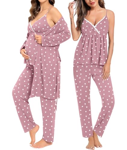 Image of SWOMOG Maternity Nursing Robe Set 3 Piece Breastfeeding Pajamas 3 in 1 Labor Delivery Sleevless Tops&Long Pants Pregnancy Pjs