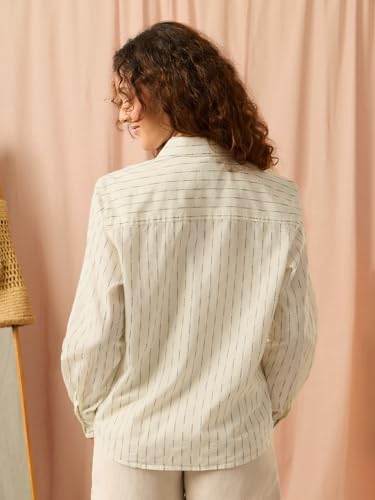 Image of The Souled Store Stripe Shirt: Marina Women and Girls Full Length Spread Collar Off-White and Blue Striped Cotton Relaxed Fit Breathable Lightweight Everyday All-Season Shirt