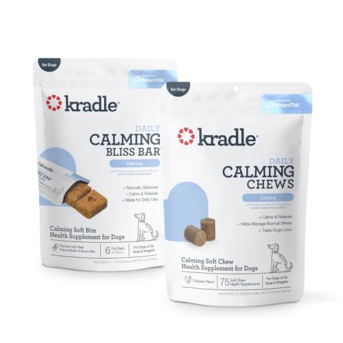 Kradle Calming Bundle for Dogs - Peanut Butter Bliss Bars (6) + Calming Chews (75) - Ashwagandha L-Theanine - Occasional Anxiety Support