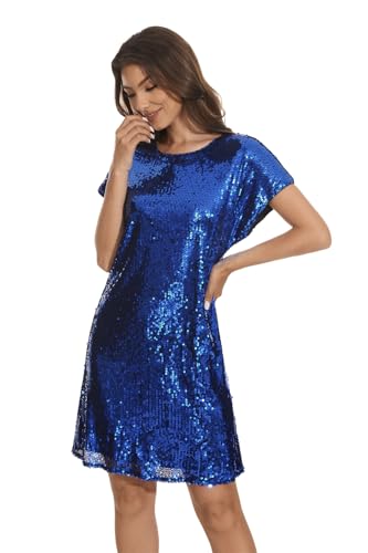 Image of Women's Crewneck Sequin Shift Dress Short Sleeve Casual Holiday Sparkly Party Dress