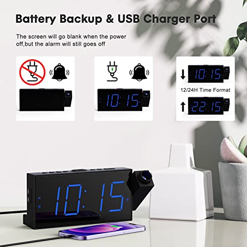 Projection Digital Alarm Clock On Ceiling Wall, Led Alarm Clock For Bedrooms With Usb Charger Port, 350° Projector,Dimmer,12/24H & Dst,Battery Backup, 7.5’’ Dual Loud Alarm Clock For Heavy Sleeper #TOP3