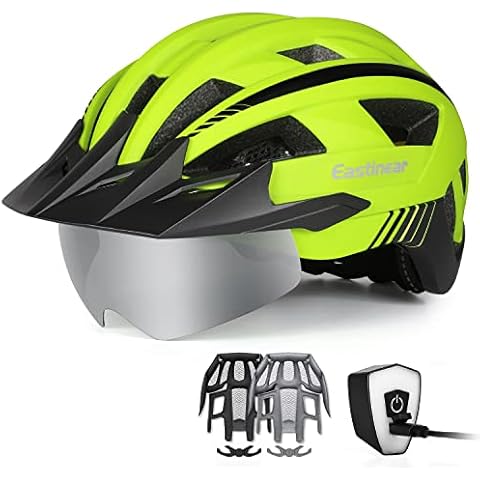 EASTINEAR Adults Bike Helmet with Magnetic Goggle Bicycle Helmet with USB Rechargeable LED Light for Men Women Cycling Helmet with Removable Sun Visor Adjustable Size (L: 57-61 cm, Yellow) Cover